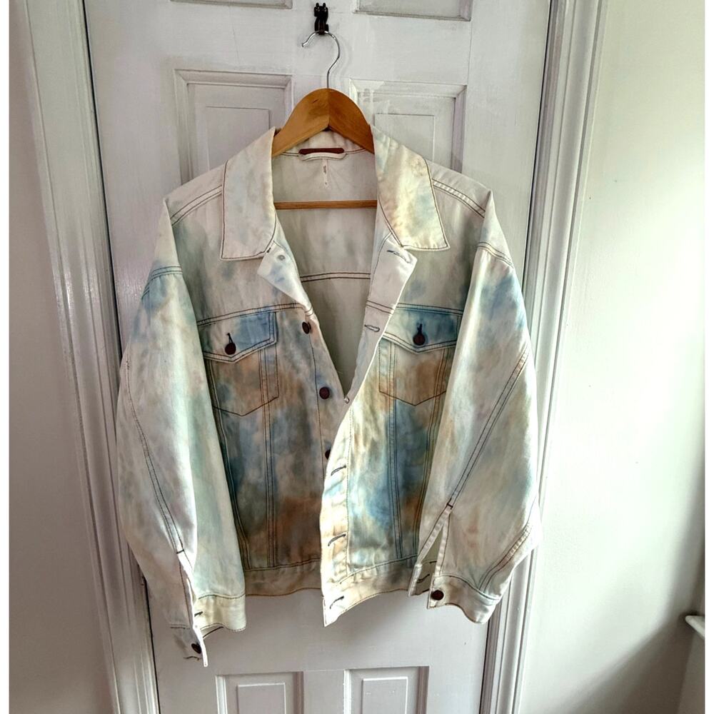 Free People Tie Dye Denim Jacket Womens M/L Pastel Acid Wash Jean Oversize